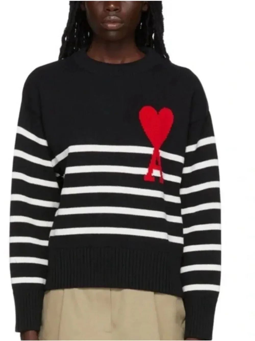 Ami Alexandre Mattiussi Black Stripped Crew Neck Sweater with Logo Sz L- XL